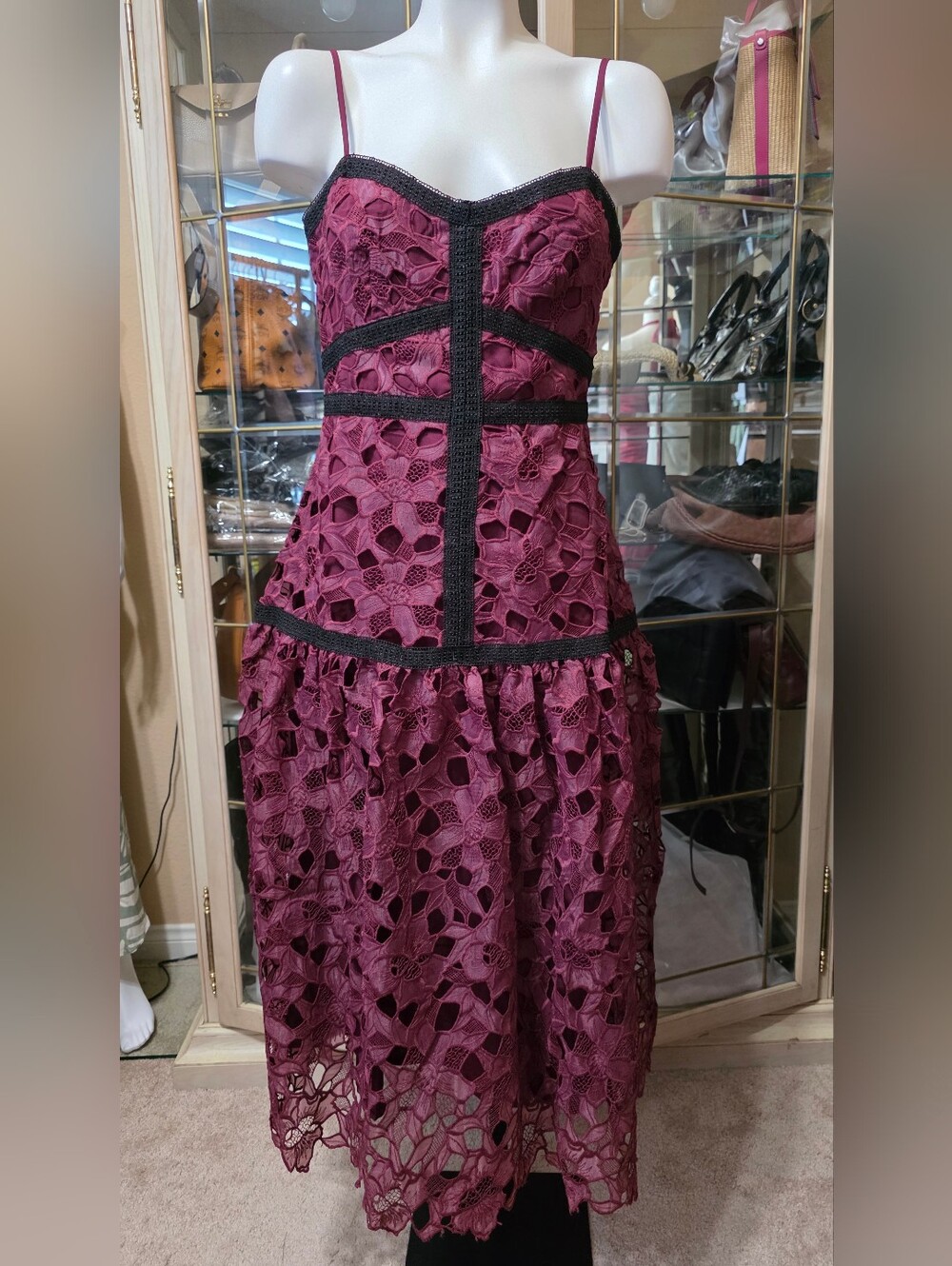 Just Me Strapless Plum Lace Midi Dress with Black Trim